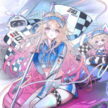 1girl animal_ears blonde_hair blue_eyes breasts car checkered_flag crop_top fake_animal_ears flag gradient_hair hair_ornament highres holding holding_flag long_hair long_sleeves looking_at_viewer midriff motor_vehicle multicolored_hair open_mouth original parted_lips pink_hair shirt short_shorts shorts sitting solo thigh_strap thighhighs very_long_hair visor_cap white_shorts wuyu16