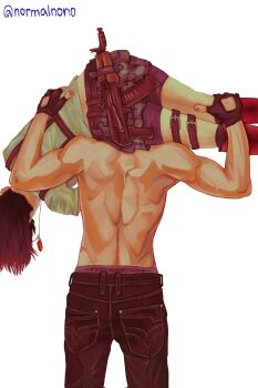 1boy 1girl artist_name black_hair carrying carrying_person commentary couple dante_(devil_may_cry) devil_may_cry devil_may_cry_(series) devil_may_cry_3 english_commentary fingerless_gloves gloves highres lady_(devil_may_cry) muscular muscular_male no_shirt normalnono shirt shorts shoulder_carry signature skirt striped_clothes striped_shirt topless_male twitter_username