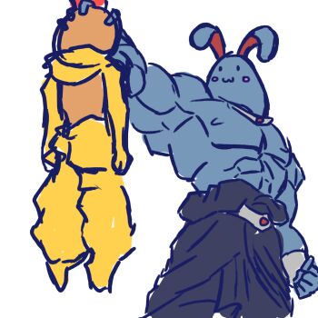 :3 abs azumarill broly_(dragon_ball_z) clenched_hand defeat dragon_ball dragonball_z gameplay_mechanics gen_2_pokemon gen_5_pokemon huge_power_(pokemon) humiliation looking_at_another masukuman muscular nintendo no_humans pants parody pectorals pokemon pokemon_(creature) rabbit_ears scrafty simple_background trait_connection what white_background