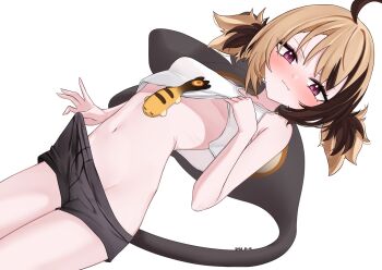 1girl absurdres ahoge ausseh1 bike_shorts black_shorts blonde_hair blush breasts brown_hair clothes_lift clothes_pull gigi_murin grem_(gigi_murin) highres hololive hololive_english huge_ahoge looking_at_viewer multicolored_hair navel no_bra pink_eyes pulling_own_clothes shirt short_hair short_twintails shorts simple_background small_breasts smile solo tail twintails two-tone_hair underboob undressing virtual_youtuber white_background