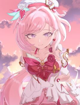 1girl beret breasts chiri_06 commentary_request diamond-shaped_pupils diamond_(shape) dress earrings elf elysia_(hi_love_elf)_(honkai_impact) elysia_(honkai_impact) hat heart heart_earrings highres honkai_(series) honkai_impact_3rd jewelry large_breasts long_hair looking_at_viewer multicolored_hair pink_hair pink_sky pointy_ears purple_eyes red_dress sky smile solo symbol-shaped_pupils two-tone_dress two-tone_hair very_long_hair white_dress white_hair