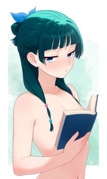 1girl absurdres armpit_crease blue_eyes blue_ribbon blush boobs_in_book_(meme) book breasts closed_mouth completely_nude covering_breasts covering_privates dullahan_(alekey_art) eyebrows_hidden_by_hair freckles from_side green_hair hair_ribbon highres holding holding_book kusuriya_no_hitorigoto looking_at_viewer maomao_(kusuriya_no_hitorigoto) medium_hair navel nude ribbon shadow short_twintails small_breasts solo stomach twintails