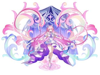 1girl absurdres armlet bare_shoulders blue_hair breasts closed_mouth commentary_request cyrene_(honkai:_star_rail) cyrene_(ripples_of_past_reverie)_(honkai:_star_rail) different_reflection diorama dress earrings flower full_body galaxy gradient_hair hair_flower hair_ornament highres honkai:_star_rail honkai_(series) incredibly_absurdres jewelry korean_commentary large_breasts long_hair multicolored_hair nail_polish outstretched_arms pink_hair pointy_ears purple_eyes purple_flower purple_rose purple_sky reflection reflective_liquid rose shoes shooting_star sidelocks single_earring sirina sky smile solo very_long_hair white_dress white_shoes