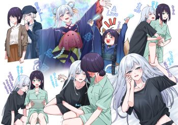 Rule 34 | > <, 2girls, animal ears, black hat, black shirt, blue eyes, cho kaguya-hime!, commentary request, forehead jewel, fox ears, fox girl, fox tail, green eyes, green shirt, green shorts, guided hand on cheek, hair ribbon, hand on another's thigh, hat, highres, holding, holding lightstick, holding tablet pc, hug, japanese clothes, kimono, kurokawa rikuu, mole, mole under eye, multiple girls, neck blush, open mouth, parted lips, purple hair, purple kimono, ribbon, runami yachiyo, sakayori iroha, shirt, shorts, smile, sweat, tablet pc, tail, trembling, twintails, waking up, white hair, yuri