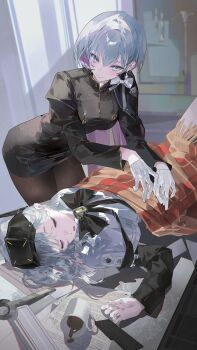 2girls absurdres black_dress black_pantyhose blue_eyes buri_(retty9349) coffee coffee_mug commentary_request cup diamond-shaped_pupils diamond_(shape) dress earrings gloves goddess_of_victory:_nikke headgear highres jewelry korean_commentary liliweiss_(nikke) long_hair mug multicolored_hair multiple_girls pantyhose pink_hair short_hair sleeping snow_white_(nikke) symbol-shaped_pupils two-tone_hair under_covers very_long_hair white_gloves white_hair