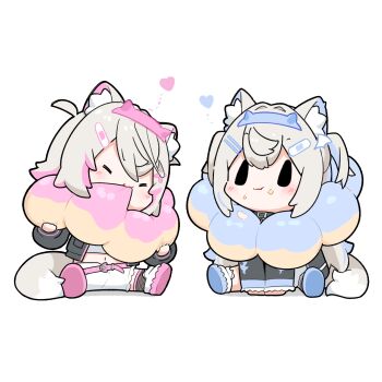 2girls absurdres animal_collar animal_ear_fluff animal_ears bandaid bandaid_hair_ornament black_collar black_jacket black_socks blue_hair blue_hairband blue_icing blue_shoes blue_trim blush chibi chibi_only closed_mouth collar commentary crossed_bangs dog_ears dog_tail donut eating english_commentary fake_horns fang food food_on_face fuwawa_abyssgard hair_intakes hair_ornament hairband heart highres holding holding_donut holding_food hololive hololive_english horned_headwear horns icing jacket medium_hair midriff mococo_abyssgard multiple_girls navel oversized_food oversized_object pink_hair pink_hairband pink_shoes pink_trim pon_de_ring shirt shoes shorts simple_background single_hair_streak sitting skin_fang smile snowmya socks solid_oval_eyes tail virtual_youtuber white_background white_hair white_shirt white_shorts white_socks