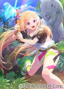 1girl :d absurdres aki_rosenthal aki_rosenthal_(gaming_casual) axe belt black_belt black_shirt blonde_hair blue_sky cloud commentary_request copyright_notice day dinosaur elf fighting_stance gorilla highres holding holding_axe hololive jungle low_twintails miniskirt mucchiri_shiitake nature off-shoulder_shirt off_shoulder official_alternate_costume official_alternate_hairstyle official_art open_mouth outdoors overall_skirt overalls paint_stains pointy_ears purple_eyes shirt shoes skirt sky smile sneakers solo twintails virtual_youtuber white_overalls white_shoes white_skirt