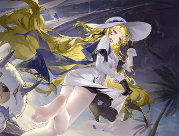 1girl absurdres black_gloves blonde_hair clothes_lift commentary_request creature cro_(pixiv14643743) dress dripping feet floppy_hat gloves hat highres leg_up legs long_hair looking_at_viewer pantyhose phoebe_(wuthering_waves) purple_eyes see-through_clothes see-through_legwear see-through_pantyhose skirt skirt_lift smile soles sun_hat toes very_long_hair wet wet_clothes wet_pantyhose white_dress white_hat white_pantyhose white_skirt wuthering_waves