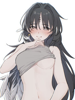 1girl bare_shoulders black_eyes black_hair blush breasts clothes_lift commentary_request earrings embarrassed feather_hair hair_intakes highres jewelry kohane_kun long_hair looking_at_viewer mole mole_under_eye navel no_bra parted_lips shirt_lift signature simple_background smile solo stomach tacet_mark_(wuthering_waves) underboob upper_body white_background wuthering_waves yangyang_(wuthering_waves)