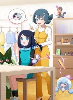 2girls :d ;d amethio_(pokemon) black_hair black_shirt black_socks blue_eyes blurry blush charcadet clothes_hanger colored_inner_hair commentary_request cowlick dress gen_8_pokemon hattrem highres hood hooded_vest hoodie indoors kinoneko_(ekakenaisan) liko_(pokemon) long_hair meowscarada multicolored_hair multiple_girls nintendo notice_lines one_eye_closed onia_(pokemon) open_mouth overalls pokemon pokemon_(anime) pokemon_(creature) pokemon_horizons shirt shoes shorts smile socks sparkle spoken_character standing table telekinesis terapagos unworn_dress vest white_shirt white_shoes white_shorts yellow_overalls