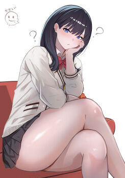 1girl ? absurdres black_hair black_skirt blue_eyes blush bow bowtie cardigan closed_mouth collared_shirt commentary_request couch crossed_legs gridman_universe highres long_sleeves looking_at_viewer pleated_skirt red_bow red_bowtie school_uniform shee-p_(inemurisheep113) shirt simple_background sitting skirt solo ssss.gridman takarada_rikka thick_thighs thighs white_background white_cardigan white_shirt