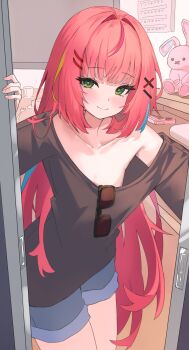 Rule 34 | 1girl, absurdres, blue shorts, blush, choppy bangs, closed mouth, commentary request, cowboy shot, denim, denim shorts, doorway, eyewear hang, green eyes, grey shirt, hair intakes, hair ornament, hairclip, hanako nana, highres, indoors, korean commentary, long hair, looking at viewer, multicolored hair, no bra, nokde, off-shoulder shirt, off shoulder, parallel hairclips, peto (hanako nana), pink hair, shirt, short shorts, shorts, smile, solo, standing, stellive, straight hair, streaked hair, stuffed animal, stuffed rabbit, stuffed toy, sunglasses, unfinished, unworn eyewear, very long hair, virtual youtuber, x hair ornament