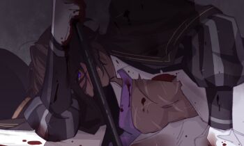 1boy battle_damage blood blood_on_clothes blood_on_face brown_hair damaged dark-skinned_male dark_skin glowing glowing_eyes heathcliff_(project_moon) holding holding_polearm holding_weapon limbus_company looking_at_viewer lying mercuryhx necktie on_side oufi_association_south_uniform pectorals polearm project_moon purple_eyes purple_necktie scar_on_pecs solo weapon