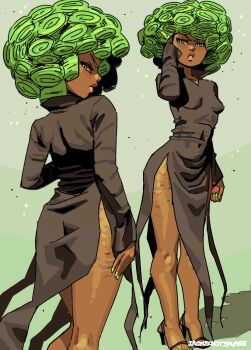 1girl afro alternate_skin_color big_hair black_dress breasts cellulite commentary curly_hair dark-skinned_female dark_skin darkened_skin dress english_commentary fingernails from_behind frown full_body green_eyes green_hair green_nails hand_in_own_hair hand_up high_heels highres ironicnotsavage long_sleeves looking_at_viewer looking_back multiple_views nail_polish one-punch_man pelvic_curtain petite pout profile small_breasts square_neckline standing stretch_marks tatsumaki thick_lips thighs toenail_polish toenails v-shaped_eyebrows very_dark_skin