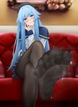 1girl absurdres blue_eyes blue_hair blush crossed_legs dina_(yasei_no_last_boss) feet highres long_hair looking_at_viewer nya_cot pantyhose parted_lips sitting smile soles steam sweat toes yasei_no_last_boss_ga_arawareta