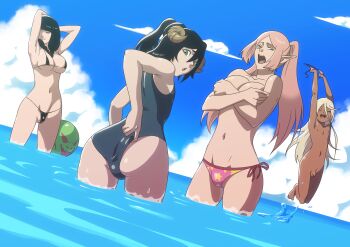 2boys 2girls bad_tag ball beach beachball bikini black_hair braid breasts female futa_without_pussy futanari gojin green_eyes malax male medium_breasts multiple_boys multiple_girls outdoors pink_hair ponytail reincarnated_into_another_world_as_sex_slaves_to_goblins_and_now_we_fight_for_them school_swimsuit swimsuit yellow_eyes