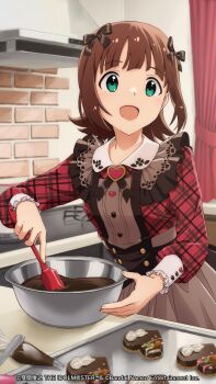 Rule 34 | 1girl, amami haruka, black bow, bow, brown hair, brown skirt, company name, cookie, cooking, copyright name, copyright notice, food, green eyes, hair bow, heart, heart-shaped cookie, heart-shaped food, highres, idolmaster, idolmaster (classic), idolmaster million live!, idolmaster million live! theater days, indoors, kitchen, long sleeves, mixing bowl, multiple hair bows, official art, official wallpaper, open mouth, plaid clothes, plaid shirt, second-party source, shirt, short hair, skirt, smile, solo, standing, valentine