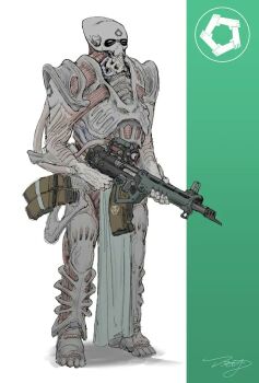 1boy ammunition_box armor assault_rifle biomechanical black_eyes cyborg dooty exposed_bone exposed_muscle gun holding holding_weapon loincloth magazine_(weapon) male_focus project_morningstar rifle science_fiction scope shoulder_tattoo simple_background solo tattoo weapon