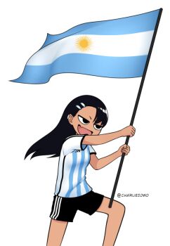 1girl 2022_fifa_world_cup adidas argentina argentinian_flag argentinian_flag_print artist_name fang female_focus flag flag_print holding ijiranaide_nagatoro-san nagatoro_hayase open_mouth short_sleeves shorts simple_background skin_fang soccer soccer_uniform solo sportswear twitter_username white_background world_cup