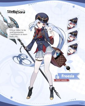 Rule 34 | 1girl, absurdly long hair, axe, bag, battle axe, black boots, black hat, black jacket, blue background, boots, brown bag, character name, closed eyes, closed mouth, collared shirt, commentary, dress shirt, english commentary, english text, envelope, evil smile, floating hair, freesia (stella sora), frown, full body, garter straps, glowing, glowing eyes, grey hair, grey skirt, hat, highres, holding, holding axe, holding envelope, holding weapon, jacket, long hair, long sleeves, looking at viewer, messenger bag, miniskirt, multiple expressions, official art, pantyhose, pinstripe pattern, pinstripe shirt, pleated skirt, red eyes, red shirt, second-party source, shaded face, shirt, shoulder bag, single garter strap, skirt, smile, solo, speech bubble, stella sora, thigh strap, turn pale, very long hair, weapon, white pantyhose