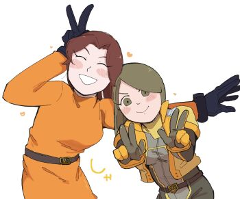 2girls ^_^ bad_tag belt black_gloves blush blush_stickers bodysuit boots breasts brown_belt brown_eyes brown_hair closed_eyes closed_mouth cropped_jacket crossover double_v dress gloves green_eyes green_hair grey_bodysuit grin heart highres himuro_ni holding jacket jumpsuit long_hair looking_at_viewer medium_breasts mii_(nintendo) mii_gunner_(smash_4) mii_gunner_(smash_ultimate) multiple_girls nintendo open_clothes open_mouth orange_bodysuit orange_dress orange_gloves pants parted_bangs short_hair simple_background smile super_smash_bros. sweater v white_background yellow_boots