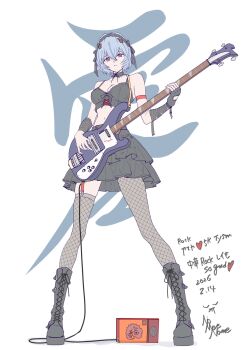Rule 34 | 1977 oj3, 1girl, adam (evangelion), asymmetrical legwear, ayanami rei, black boots, black bra, black gloves, black hairband, black skirt, blue hair, boots, bra, breasts, cable, cleavage, commentary, electric guitar, english commentary, fingerless gloves, fishnet pantyhose, fishnet thighhighs, fishnets, full body, gloves, guitar, hairband, highres, holding, holding guitar, holding instrument, instrument, lace-up boots, looking at viewer, midriff, navel, neon genesis evangelion, pantyhose, short hair, single thighhigh, skirt, solo, standing, thighhighs, underwear