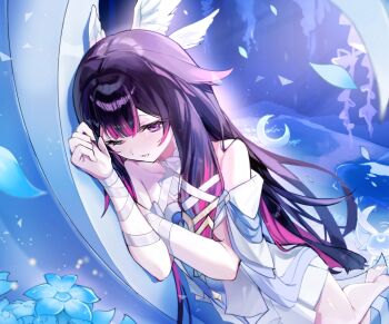 1girl arm_ribbon bare_shoulders barefoot believer_tamago blue_flower blue_petals columbina_(genshin_impact) commentary_request dress falling_petals flower full_body genshin_impact hair_ribbon head_wings highres long_hair looking_at_viewer luonnotar_(genshin_impact) multicolored_hair on_crescent one_eye_closed petals pink_hair purple_eyes purple_hair ribbon solo white_dress white_ribbon wings