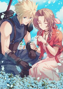 1boy 2girls absurdres aerith_gainsborough animal aqua_eyes arestear0701 arm_belt armor bare_shoulders belt black_hair blonde_hair blue_flower blue_pants blue_shirt blue_sky boots bracelet braid braided_ponytail breasts brown_belt brown_boots brown_gloves brown_hair buster_sword choker cleavage closed_eyes closed_mouth cloud_strife cropped_jacket dress field final_fantasy final_fantasy_vii final_fantasy_vii_rebirth final_fantasy_vii_remake fire flame-tipped_tail flower flower_choker flower_field forget-me-not_(flower) gloves gold_bangle green_shirt grey_shorts hair_between_eyes hair_ribbon highres holding holding_flower jacket jewelry kneeling long_dress long_hair looking_at_another meadow medium_breasts midriff multiple_belts multiple_bracelets multiple_girls on_one_knee open_mouth outdoors pants parted_bangs parted_lips pauldrons pink_dress pink_ribbon red_jacket red_xiii ribbed_shirt ribbon shirt short_hair short_sleeves shorts shoulder_armor sidelocks silver_bangle single_bare_shoulder single_braid single_pauldron sitting sky sleeveless sleeveless_turtleneck smile spiked_hair suspenders sword sword_on_back tail turtleneck weapon weapon_on_back yuffie_kisaragi