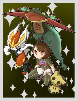 1girl bear_ringer bob_cut border bright_pupils brown_hair champion_uniform cinderace closed_mouth commentary_request dragapult dreepy eyelashes gen_7_pokemon gen_8_pokemon gloria_(pokemon) highres leggings mimikyu nintendo orange_eyes pokemon pokemon_(creature) pokemon_swsh shirt shoes short_hair short_sleeves shorts white_shorts