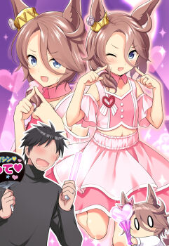 Rule 34 | 0 0, 1boy, 2girls, :d, ;d, animal ears, black shirt, blue eyes, blush, brown hair, commentary request, faceless, faceless male, glowstick, hair between eyes, hair over one eye, hair over shoulder, heart, highres, holding, horse ears, if they mated, low ponytail, meni shuki rush-sshu!, mother and daughter, multiple girls, narita taishin (umamusume), navel, odawara hakone, one eye closed, open mouth, parted bangs, pink skirt, ponytail, shirt, skirt, smile, trainer (umamusume), umamusume, white shirt