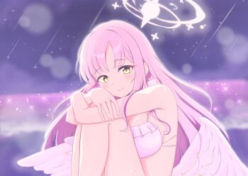 1girl absurdres angel_wings bikini blue_archive blunt_bangs breasts closed_mouth feathered_wings feet_out_of_frame four-pointed_star halo highres hugging_own_legs knees_up large_breasts long_hair looking_at_viewer mika_(blue_archive) mika_(swimsuit)_(blue_archive) pink_hair pink_halo saku-0403 shooting_star sitting smile solo star_(sky) starry_sky_background swimsuit white_bikini white_wings wing_ornament wings yellow_eyes