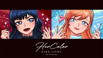 2girls artist_name black_hair blue_eyes commentary cosmetics drop_shadow english_commentary final_fantasy final_fantasy_xiv gaia_(ff14) letterboxed lipstick lipstick_tube long_hair looking_at_another makeup multiple_girls orange_hair pink_lips pink_nails portrait red_lips red_nails ryne_waters smile split_screen whymaige