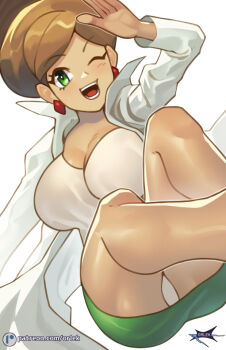 1girl ;d alternate_breast_size artist_name professor_juniper big_hair breasts brown_hair cleavage coat commentary earrings eyelashes green_eyes green_skirt hand_up happy jewelry knees large_breasts nintendo one_eye_closed open_clothes open_coat open_mouth orlek panties pantyshot patreon_logo pokemon pokemon_bw shirt simple_background skirt smile solo teeth tongue underwear watermark web_address white_background white_coat white_panties white_shirt