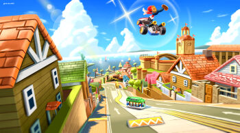 Rule 34 | 1boy, analog clock, bell tower, blue overalls, blue sky, boat, brown shoes, building, clock, clock tower, cloud, day, dock, door, flag, from behind, gloves, go-kart, harbor, hat, house, in-universe location, lens flare, long sleeves, maribou (supermaribou), mario, mario (series), mario kart, mario kart 8, midair, nintendo, overalls, red hat, road, scenery, shoes, sky, solo, street, streetcar, toad harbor, tower, tree, water, watercraft, white gloves, window