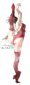 1girl absurdres ass boots breasts brown_hair facing_away flexible from_behind full_body high_heel_boots high_heels highres leg_up leotard nabipenciller original red_boots red_leotard red_thighhighs simple_background small_breasts solo split standing standing_on_one_leg standing_split thighhighs white_background