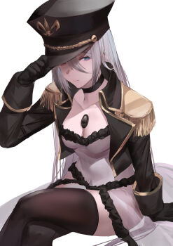 black_boots black_choker black_gem black_gloves black_hat black_jacket black_leotard black_lobelia black_lobelia_(cosplay) blazpu blue_eyes boots breasts choker corset cosplay cropped_jacket dress epaulettes fleur-de-lis frilled_dress frills fringe_trim gem gloves gold_trim hair_between_eyes hat heterochromia highres jacket kitagawa_marin leotard long_hair medium_breasts military_hat open_clothes open_jacket red_eyes solo sono_bisque_doll_wa_koi_wo_suru thigh_boots