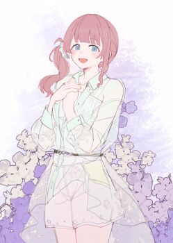 Rule 34 | 1girl, :d, asymmetrical sidelocks, blue eyes, blunt bangs, blush, brown hair, collarbone, collared shirt, cowboy shot, floral print, flower, green flower, hands on own chest, hands up, highres, long sleeves, looking at viewer, medium hair, mochizuki honami, official alternate costume, open mouth, path made by faith (project sekai), project sekai, purple flower, raionn1008, see-through clothes, see-through shirt, shirt, shorts, side ponytail, sidelocks, smile, solo, strapless, strapless shirt, white shirt, white shorts