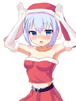 1girl aged_up alternate_breast_size_(larger) animal_ears belt black_belt blue_eyes blue_hair blush breasts collarbone contrapposto crop_top d: dot_nose elbow_gloves fur-trimmed_crop_top fur-trimmed_gloves fur-trimmed_tube_top fur_trim furrowed_brow gloves gochuumon_wa_usagi_desu_ka? hair_ornament hat highres kafuu_chino looking_at_viewer lop_rabbit_ears lower_lip_only medium_breasts midriff navel open_mouth pink_lips pleated_skirt rabbit_ear_hat rabbit_ears rabbit_pose red_hat red_skirt red_tube_top santa_costume shisyam0410 short_hair shoulder_blush simple_background skirt solo strapless tube_top white_background white_gloves white_trim x_hair_ornament