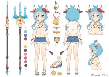 Rule 34 | 1girl, absurdres, animal ears, animal print, arms at sides, artist name, bell, bikini, blue hair, braid, reference sheet, closed mouth, cow ears, cow horns, cow print, cow print bikini, cow tail, cowbell, dated, denim, denim shorts, flat chest, flower, from behind, from side, full body, fur-trimmed shorts, fur trim, hair flower, hair ornament, hairclip, halterneck, highres, horns, jacket, long hair, mahiru (princess connect!), multiple views, navel, open clothes, open jacket, polearm, princess connect!, print bikini, purple eyes, red flower, ruinone, sandals, see-through clothes, see-through jacket, short shorts, shorts, sidelocks, smile, swimsuit, swimsuit under clothes, tail, trident, upper body, weapon, white background, wristband