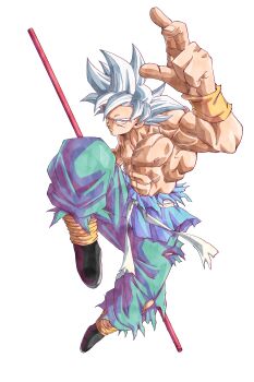 Rule 34 | 1boy, abs, absurdres, beatlo (rodrigo38658978), blue pants, commentary, dragon ball, dragon ball super, dragonball z, full body, grey eyes, grey hair, highres, holding, holding staff, male focus, medium hair, muscular, muscular male, pants, ruyi jingu bang, simple background, solo, son goku, spiked hair, staff, topless male, ultra instinct, white background