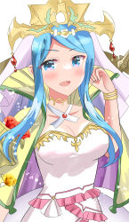 Rule 34 | 1girl, blue eyes, blue hair, breasts, capelet, cleavage, commentary request, crown, dress, fire emblem, fire emblem engage, gold trim, green capelet, highres, lumera (fire emblem), nintendo, parted bangs, potato0805, simple background, solo, strapless, strapless dress, white background, white dress
