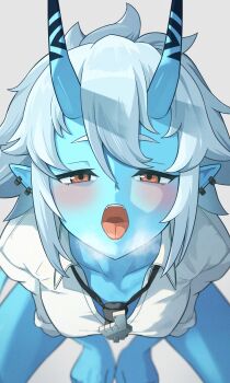 1girl absurdres black_necktie blue_horns blue_oni blue_skin blush breasts breath colored_skin ear_piercing from_above hair_between_eyes hair_between_horns heavy_breathing highres horns looking_at_viewer loose_necktie multicolored_horns mutsuki_albino necktie oni piercing pointy_ears red_eyes shirt short_hair simple_background skin-covered_horns sleeves_rolled_up small_breasts solo soukaku_(zenless_zone_zero) tongue tongue_out two-tone_horns white_background white_hair white_shirt zenless_zone_zero
