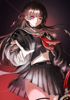 1girl absurdres arm_cutout black_jacket black_shirt black_skirt chisa_(wuthering_waves) closed_mouth clothing_cutout commentary cowboy_shot crop_top hair_ribbon highres jacket kanicoro long_sleeves looking_at_viewer neckerchief one_eye_closed red_background red_eyes red_neckerchief red_ribbon ribbon sailor_collar shirt skirt solo sword thighs weapon white_sailor_collar wuthering_waves