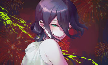 1girl absurdres black_choker black_ribbon chainsaw_man choker closed_mouth green_eyes hair_between_eyes hair_bun highres looking_at_viewer making-of_available purple_hair reze_(chainsaw_man) ribbon shirt sleeveless sleeveless_shirt solo uppun white_shirt