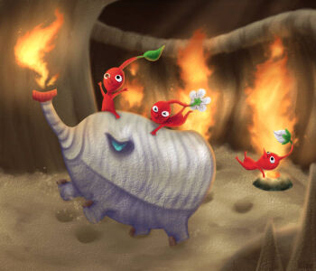 &gt;_&lt; black_eyes breath_weapon breathing_fire bud clinging colored_skin commentary creature creature_focus english_commentary falling fiery_blowhog fire flower footprints kippette leaf nintendo no_humans no_mouth pikmin_(creature) pikmin_(series) pointy_nose red_pikmin red_skin riding underground white_flower