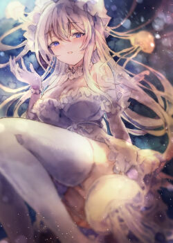 1girl absurdres blonde_hair blurry blush breasts choker cleavage commentary_request depth_of_field dress frilled_choker frills gloves grey_dress hat highres jellyfish kamu_kotan long_hair looking_at_viewer mob_cap open_mouth original purple_eyes solo thighhighs very_long_hair white_gloves white_hat white_thighhighs
