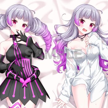 1girl alternative_girls bare_shoulders bed_sheet black_choker black_dress black_gloves black_sleeves blunt_ends blush breasts button_gap choker cleavage collarbone cowboy_shot dakimakura_(medium) detached_sleeves dot_nose dress drill_hair gloves gradient_hair grey_hair hair_down hand_on_own_chest hand_on_own_stomach hand_to_own_mouth head_tilt long_hair long_sleeves looking_at_viewer medium_breasts meya_fontaine multicolored_hair multiple_views no_pants official_art open_mouth pendant_choker purple_dress purple_hair red_eyes sample_watermark second-party_source see-through_clothes see-through_shirt sheet_grab shirt single_off_shoulder sleeveless sleeveless_dress smile twin_drills twintails two-tone_dress watermark wet wet_clothes wet_shirt white_shirt