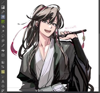 Rule 34 | 1boy, ahoge, art program in frame, black hair, black hanfu, brown hair, chenqing flute, chinese clothes, chohato0717, dizi, flute, flute tassel, grey eyes, grey sash, hair between eyes, hair ornament, hair ribbon, hand up, hanfu, holding, holding flute, holding instrument, instrument, long hair, long sleeves, looking at viewer, male focus, modao zushi, open mouth, over shoulder, pectoral cleavage, pectorals, ponytail, red ribbon, ribbon, robe, sidelocks, simple background, smile, solo, tassel, tassel hair ornament, transverse flute, twitter username, upper body, wei wuxian, white background, wide sleeves