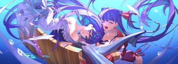 2girls absurdres air_bubble bare_shoulders bikini blue_eyes blue_one-piece_swimsuit blue_ribbon breasts bubble claw_(weapon) cleavage closed_eyes clothing_cutout commentary double_bun fate/grand_order fate_(series) frilled_one-piece_swimsuit frills hair_bun hair_ribbon highres jacket long_hair long_sleeves looking_at_viewer meltryllis meltryllis_(fate) meltryllis_(swimsuit_lancer)_(fate) meltryllis_(swimsuit_lancer)_(second_ascension)_(fate) multiple_girls one-piece_swimsuit open_mouth parted_lips passionlip_(fate) passionlip_(swimsuit_saber)_(first_ascension)_(fate) pink_jacket pink_ribbon prosthesis prosthetic_leg purple_hair ribbon sattari shoulder_cutout siblings side-tie_bikini_bottom sisters sleeves_past_fingers sleeves_past_wrists smile strapless strapless_one-piece_swimsuit swimsuit underwater very_long_hair weapon white_sleeves