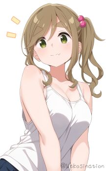 1girl bare_arms blush breasts brown_hair cleavage closed_mouth collarbone commentary_request fang green_eyes hair_bobbles hair_ornament highres inuyama_aoi large_breasts looking_at_viewer medium_breasts nekosination notice_lines side_ponytail simple_background skin_fang solo tank_top thick_eyebrows twitter_username upper_body white_background white_tank_top yurucamp